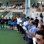 Divisional Sports Officer Aamir Hameed addressing the awarding ceremony of Annual Sports Calender U-16 Boy and Girls Sports Hockey Programme at the District Sports Office Stadium