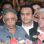 Ex-Sindh Governor Muhammad Zubair, Convener Nawaz Sharif welcome committee Bashir Memon talking to media persons at Karachi Press Club