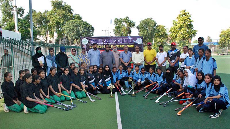 Divisional Sports Officer Aamir Hameed addressing the awarding ceremony of Annual Sports Calender U-16 Boy and Girls Sports Hockey Programme at the District Sports Office Stadium