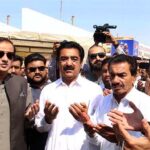 Mayor Karachi barister Murtaza Wahab along with Deputy Mayour Salman Abdullah Murad and others offering Duaa after laying the foundation stone of Dubble Road from Baruhi Hotel to Mubarak Village, Coast Guard packet