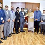Ahsan Zafar Bakhtawari, President Islamabad Chamber of Commerce & Industry presenting souvenir to Madad All Sindhi, Caretaker Federal Minister for Education and Professional Training during his visit to ICCI. Faad Waheed Senior Vice President ICCI, Adnan Mukhtar, Abrar ul Haq, Aizaz Muhammad, Dr. Usman and others are also in picture