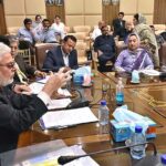 Chief Executive Muhammad Zubair Motiwala and Secretary Trade Development Authority of Pakistan Dr Farid Iqbal Qureshi addressing to exporters at SCCI.