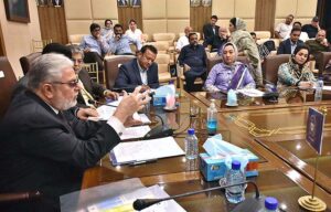 Chief Executive Muhammad Zubair Motiwala and Secretary Trade Development Authority of Pakistan Dr Farid Iqbal Qureshi addressing to exporters at SCCI. 