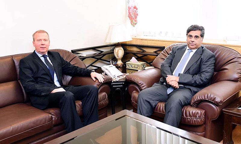 Russian Ambassador to Pakistan, H.E. Danila V. Ganich meeting with the Caretaker Minister of Commerce, Dr. Gohar Ejaz at the Commerce Ministry to discuss bilateral trade relations
