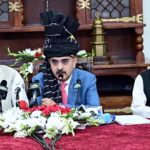 The Caretaker Prime Minister Anwaar-ul-Haq Kakar talks to the media and a delegation of Sarhad Chamber of Commerce and Industry