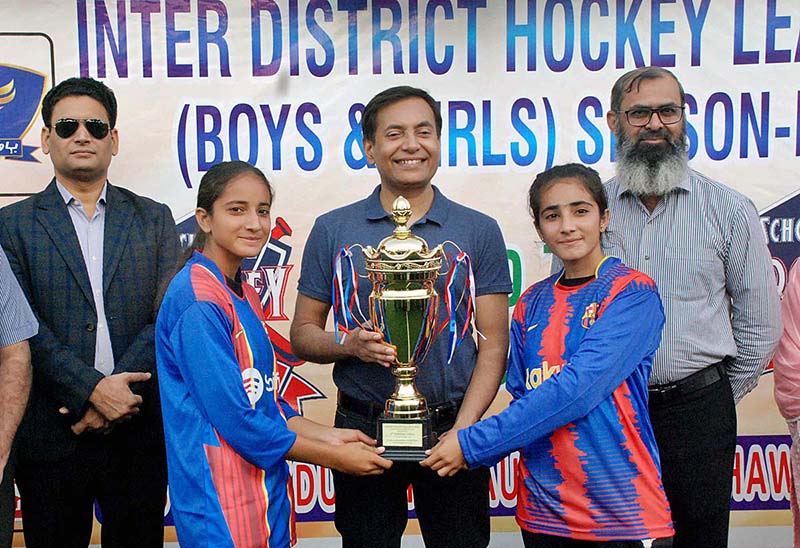 Bahawalpur Buraq and Leh players in action during the final hockey match at the Education Department South Punjab Inter District Sports Hockey Tournament