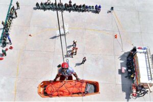 The USAR rescue team is conducting a drill on the 2nd day of National Rescue Challenge during 12th National Rescue Challenge Programme at Rescue 1122 Headquarter