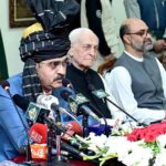 The Caretaker Prime Minister Anwaar-ul-Haq Kakar talks to the media and a delegation of Sarhad Chamber of Commerce and Industry