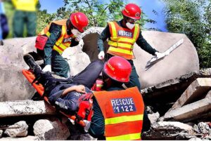 The USAR rescue team is conducting a drill on the 2nd day of National Rescue Challenge during 12th National Rescue Challenge Programme at Rescue 1122 Headquarter