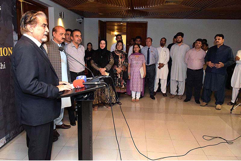 Interim Federal Minister of National Heritage & Culture Jamal Shah addressing a week -long Wildlife Art Exhibition, depicting the living jewels of Pakistan at PNCA