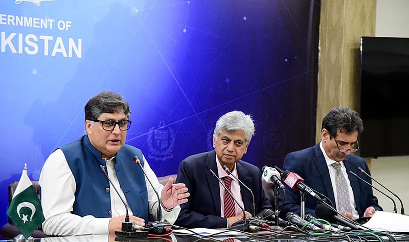 Mr. Murtaza Solangi, Caretaker Federal Minister for Information & Broadcasting and Mr. Fawad Hassan Fawad ,Caretaker Federal Minister for Privatization briefing the media on Federal Cabinet decisions