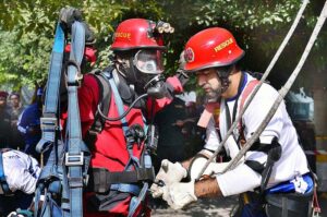 The USAR rescue team is conducting a drill on the 2nd day of National Rescue Challenge during 12th National Rescue Challenge Programme at Rescue 1122 Headquarter