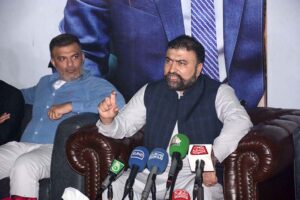 Caretaker Federal Interior Minister Sarfraz Bugti is talking to media persons after inauguration of electric motorbike unit at King Motorcycles near Chak No.209 Jaranwala Road