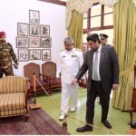 Governor Sindh Kamran Khan Tessori briefing the new Chief of Naval Staff Admiral Naveed Ashraf in the Governor House about historical items used by the Fathers of the Nation