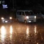 A view of the first winter rain during the nighttime