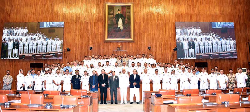 A Group Photograph Of Course Members Of The 53rd PN Staff Course, accompanied by faculty and administrative staff from the Naval War College Lahore, led by Rear Admiral Javaid Iqbal HI(M), in the Senate Hall at Parliament House