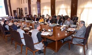 Caretaker Sindh Chief Minister Justice (R) Maqbool Baqar presides over a Cabinet meeting at CM House