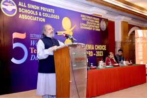 Caretaker Federal Minister for Education Madad Ali Sindhi addressing during Academia Choice Awards 2023 by All Sindh Private School & Colleges Association