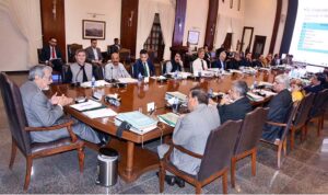Caretaker Sindh Chief Minister Justice (R) Maqbool Baqar presides over a Cabinet meeting at CM House