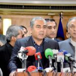 Caretaker Chief Minister Punjab Syed Mohsin Raza Naqvi is talking to media persons during his visit to Faisalabad Chamber of Commerce & Industry (FCCI)