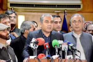 Caretaker Chief Minister Punjab Syed Mohsin Raza Naqvi is talking to media persons during his visit to Faisalabad Chamber of Commerce & Industry (FCCI)