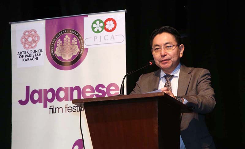 Consul General of Japan Odagiri Toshio addresses the audiences during the two days Japanese Film Festival organized by Arts Council Pakistan