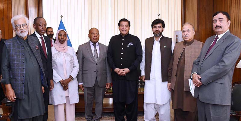 Speaker National Assembly Raja Pervez Ashraf in a group photo with President of the Senate of Rawanda Dr.Francois Xavier Kalinda along with delegation at Parliament House