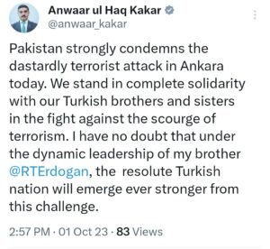 Pakistan strongly condemns terrorist attack in Ankara: Caretaker PM