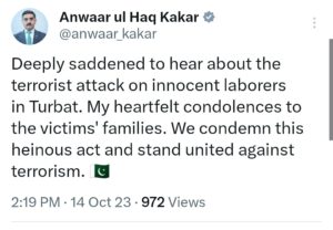 PM condemns terrorist attack on labourers in Turbat, grieved over loss of lives