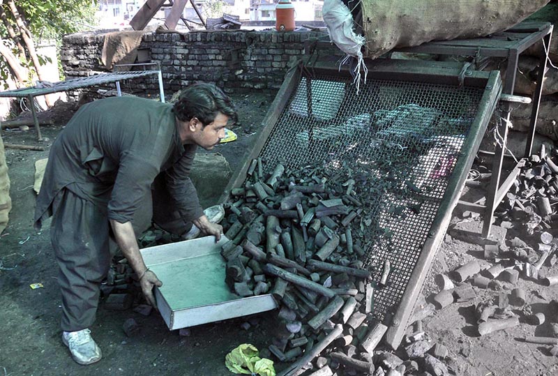 A vendor sorting coal for selling at his setup as demand increased during winter season