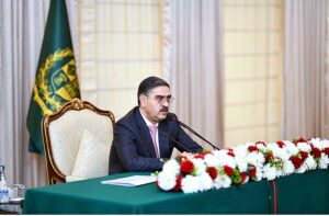 Caretaker Prime Minister Anwaar-ul-Haq Kakar addressing a press conference regarding the repatriation of illegal immigrants