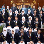 Newly elected office bearers of student’s council of Model College F6/2 pose for group photo with chief guest Additional secretary Education Syed Junaid Iklaq and Principal Prof Aliya Durrani in oath taking ceremony.