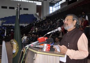  Caretaker Minister for Federal Education and Professional Training, Madad Ali Sindhi addressing during the prize distribution ceremony of "FBISE Annual Sports" at Pakistan Sports Complex. 