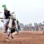 Horse riders are participating in Tent-Pegging competition organized by Qutab Shahi Awan Tent Pegging Club Soon Valley at Mela Mandi ground.