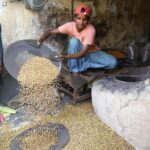 A labour arranging black chickpeas after roosting at his work place