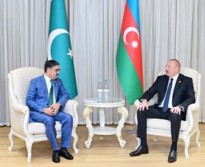 The Caretaker Prime Minister Anwaar-ul-Haq Kakar meets the President of the Republic of Azerbaijan Mr. Ilham Aliyev on the sidelines of 16th Summit of ECO