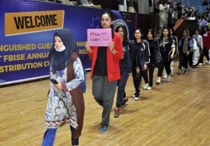 Caretaker Minister for Federal Education and Professional Training, Madad Ali Sindhi addressing during the prize distribution ceremony of "FBISE Annual Sports" at Pakistan Sports Complex.