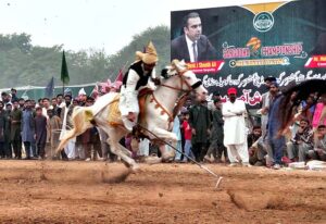 Horse riders are participating in Tent-Pegging competition organized by Qutab Shahi Awan Tent Pegging Club Soon Valley at Mela Mandi ground.