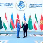 Caretaker Prime Minister Anwaar-ul-Haq Kakar is being received by the President of Uzbekistan Mr. Shavkat Mirziyoyev at Tashkent Convention Center on the occasion of 16th ECO Summit