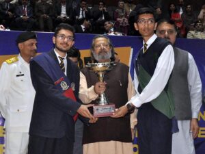 Caretaker Minister for Federal Education and Professional Training, Madad Ali Sindhi addressing during the prize distribution ceremony of "FBISE Annual Sports" at Pakistan Sports Complex.