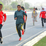Girls Athletes participating in a race during trial of Sindh Athletes team for national athletes championship 2023 at public school.
