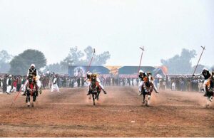 Horse riders are participating in Tent-Pegging competition organized by Qutab Shahi Awan Tent Pegging Club Soon Valley at Mela Mandi ground.