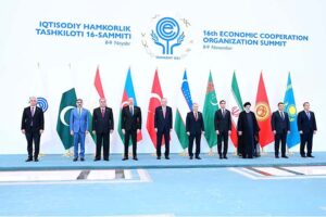 Caretaker Prime Minister Anwaar-ul-Haq Kakar in a group photo with the heads of states of ECO member countries