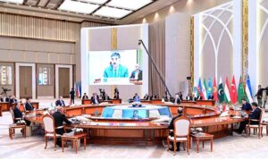  The Caretaker Prime Minister Anwaar-ul-Haq Kakar addresses the 16th ECO Summit.