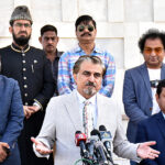 Federal Minister For National Heritage and Culture Syed Jamal Shah addressing to the media persons at Mazar-e-Quaid.