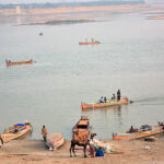 A view of boats parked at Indus River.