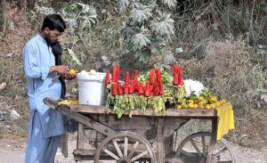 A vendor displaying carrots and radish to attract the customers.