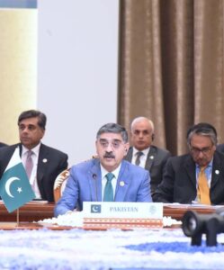 The Caretaker Prime Minister Anwaar-ul-Haq Kakar addresses the 16th ECO Summit.