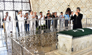 Federal Minister For National Heritage and Culture Syed Jamal Shah addressing to the media persons at Mazar-e-Quaid.