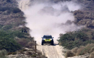 Racer showing his skills in the final round of the 8th Thal Desert Jeep Rally at District Muzaffargarh Organized by the Tourism Development Corporation of Punjab